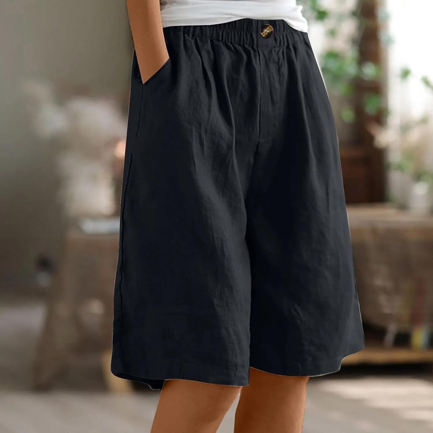 Linen Shorts for Women Wide Leg Knee Length Summer Casual Long Shorts High Waisted Bermuda Shorts with Pocket