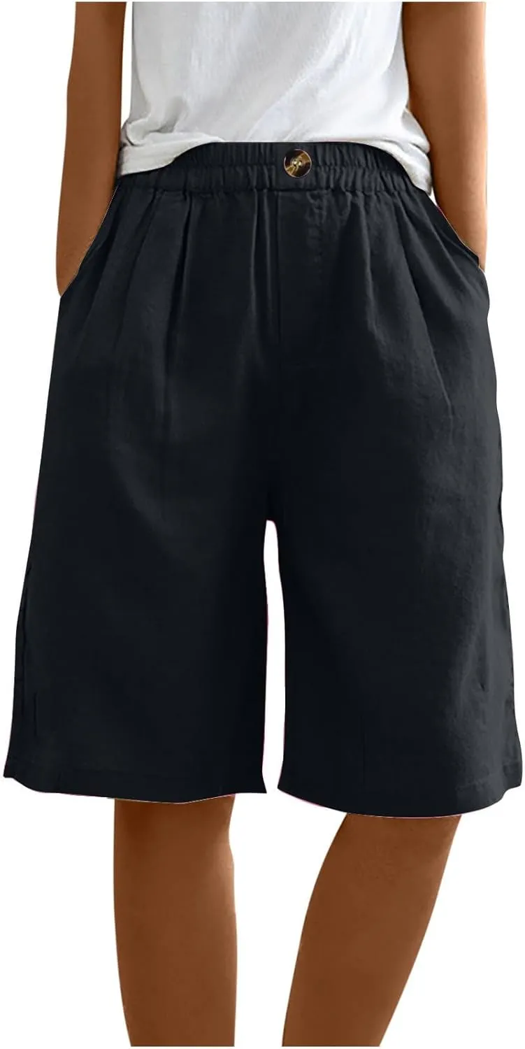 Linen Shorts for Women Wide Leg Knee Length Summer Casual Long Shorts High Waisted Bermuda Shorts with Pocket