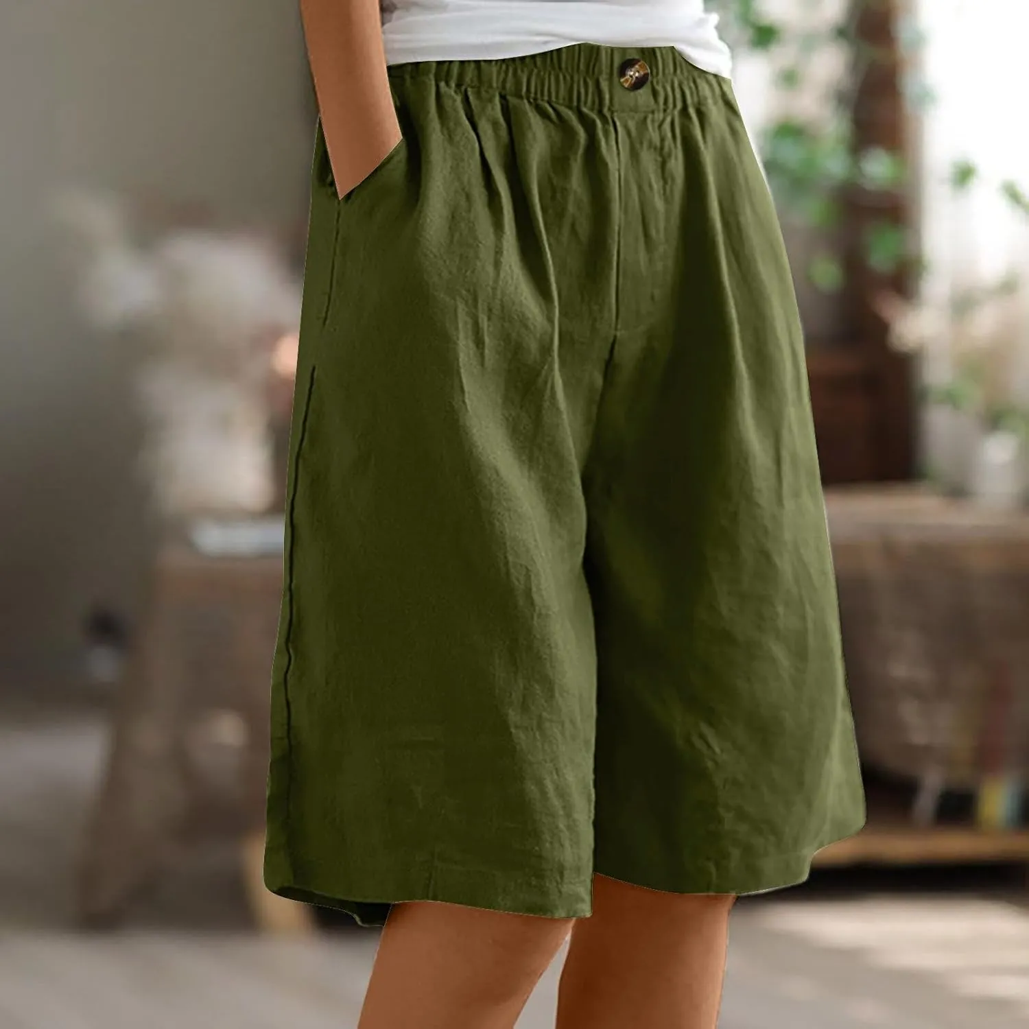 Linen Shorts for Women Wide Leg Knee Length Summer Casual Long Shorts High Waisted Bermuda Shorts with Pocket