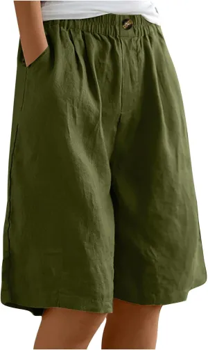 Linen Shorts for Women Wide Leg Knee Length Summer Casual Long Shorts High Waisted Bermuda Shorts with Pocket