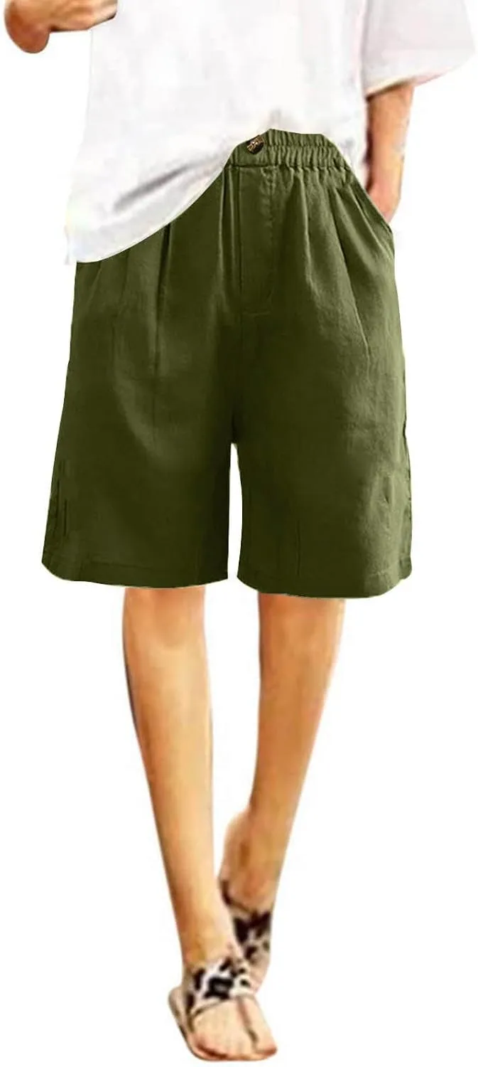 Linen Shorts for Women Wide Leg Knee Length Summer Casual Long Shorts High Waisted Bermuda Shorts with Pocket