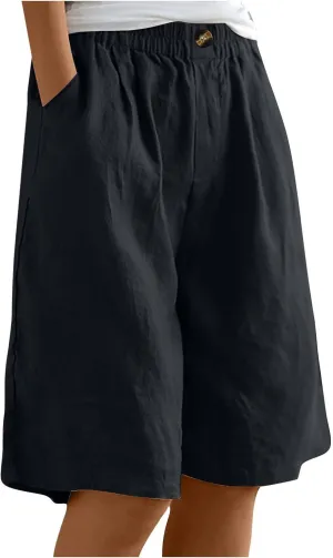 Linen Shorts for Women Wide Leg Knee Length Summer Casual Long Shorts High Waisted Bermuda Shorts with Pocket