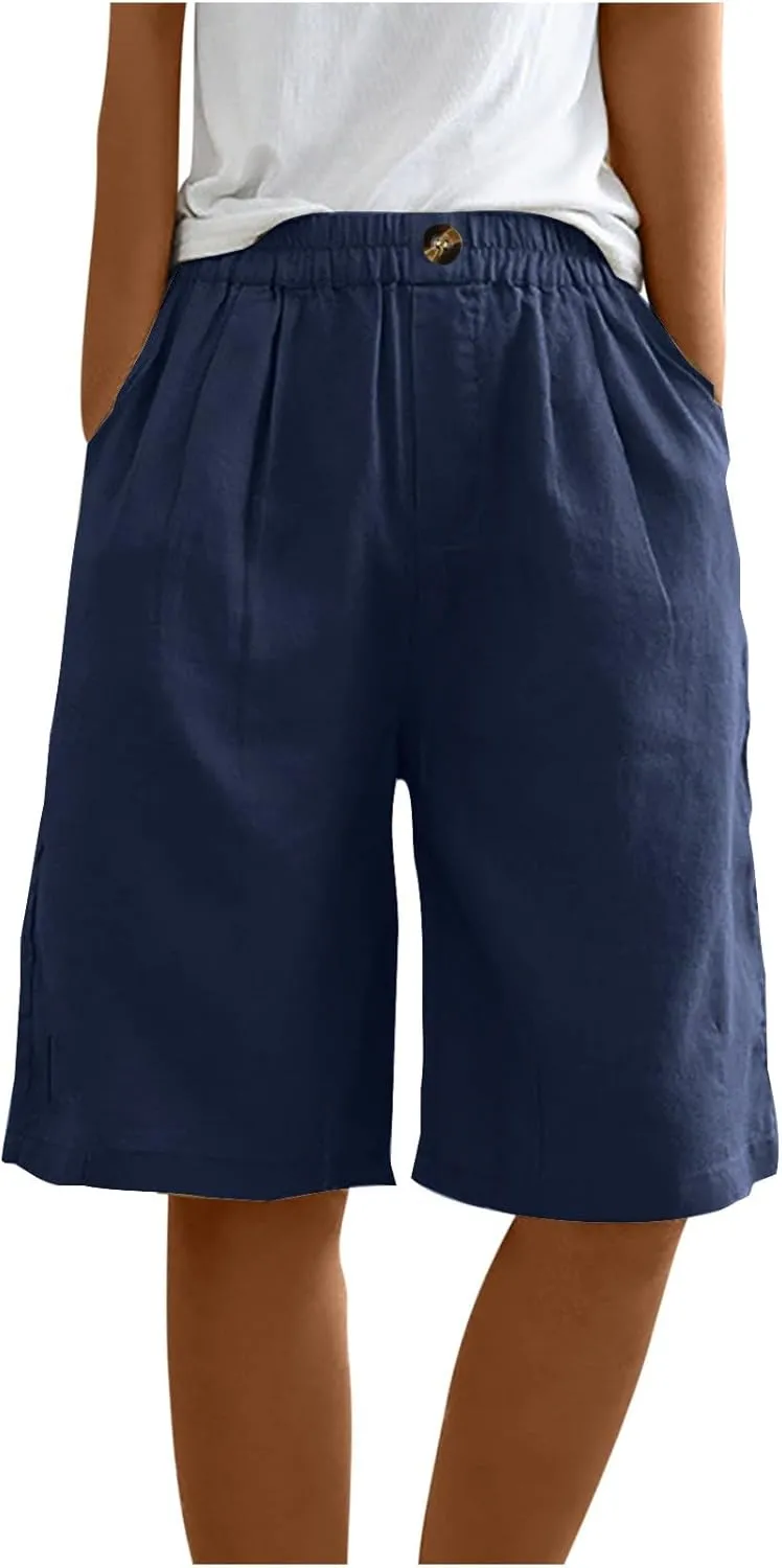 Linen Shorts for Women Wide Leg Knee Length Summer Casual Long Shorts High Waisted Bermuda Shorts with Pocket