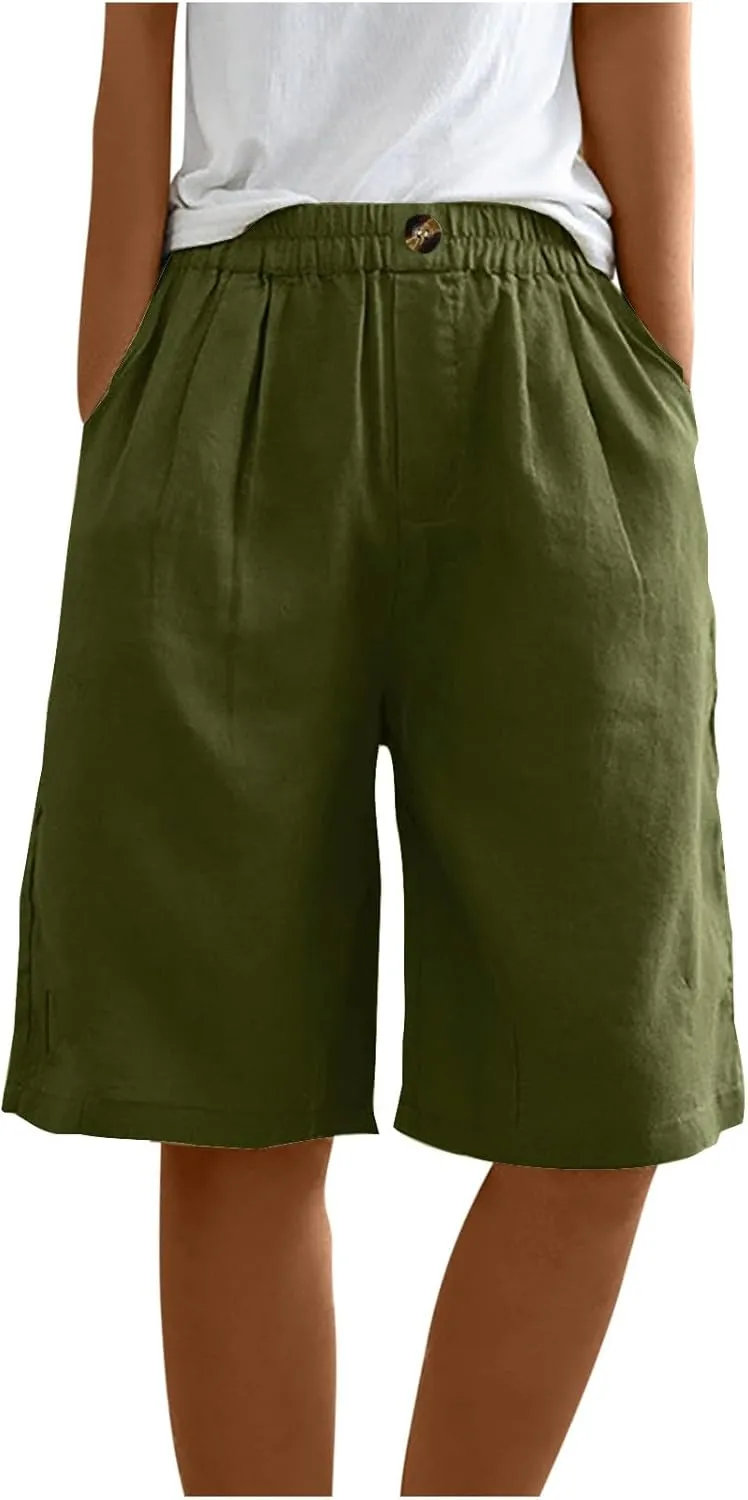 Linen Shorts for Women Wide Leg Knee Length Summer Casual Long Shorts High Waisted Bermuda Shorts with Pocket