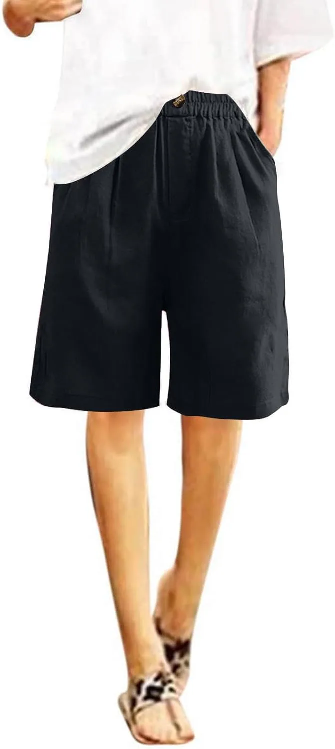 Linen Shorts for Women Wide Leg Knee Length Summer Casual Long Shorts High Waisted Bermuda Shorts with Pocket