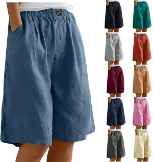 Linen Shorts for Women Wide Leg Knee Length Summer Casual Long Shorts High Waisted Bermuda Shorts with Pocket