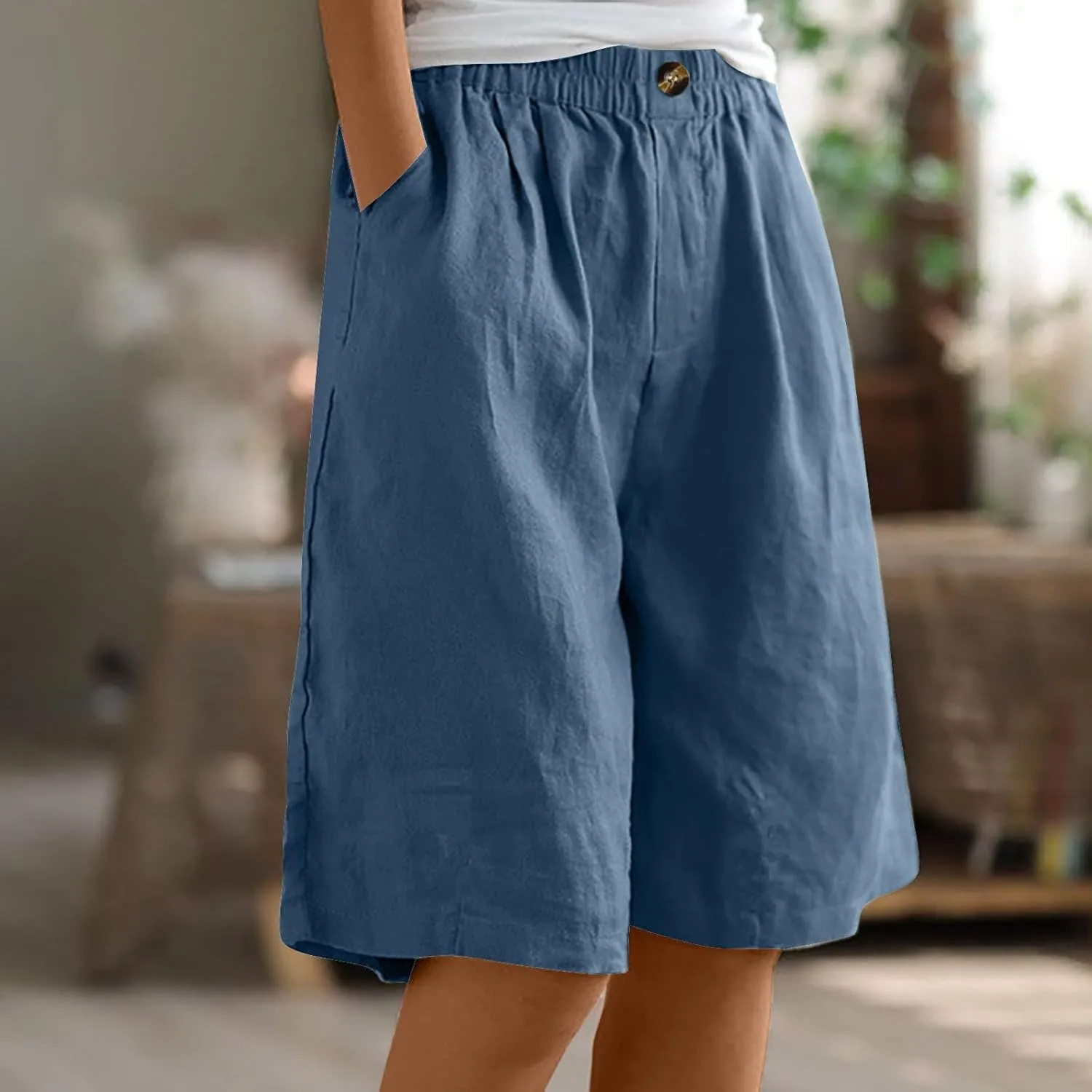 Linen Shorts for Women Wide Leg Knee Length Summer Casual Long Shorts High Waisted Bermuda Shorts with Pocket