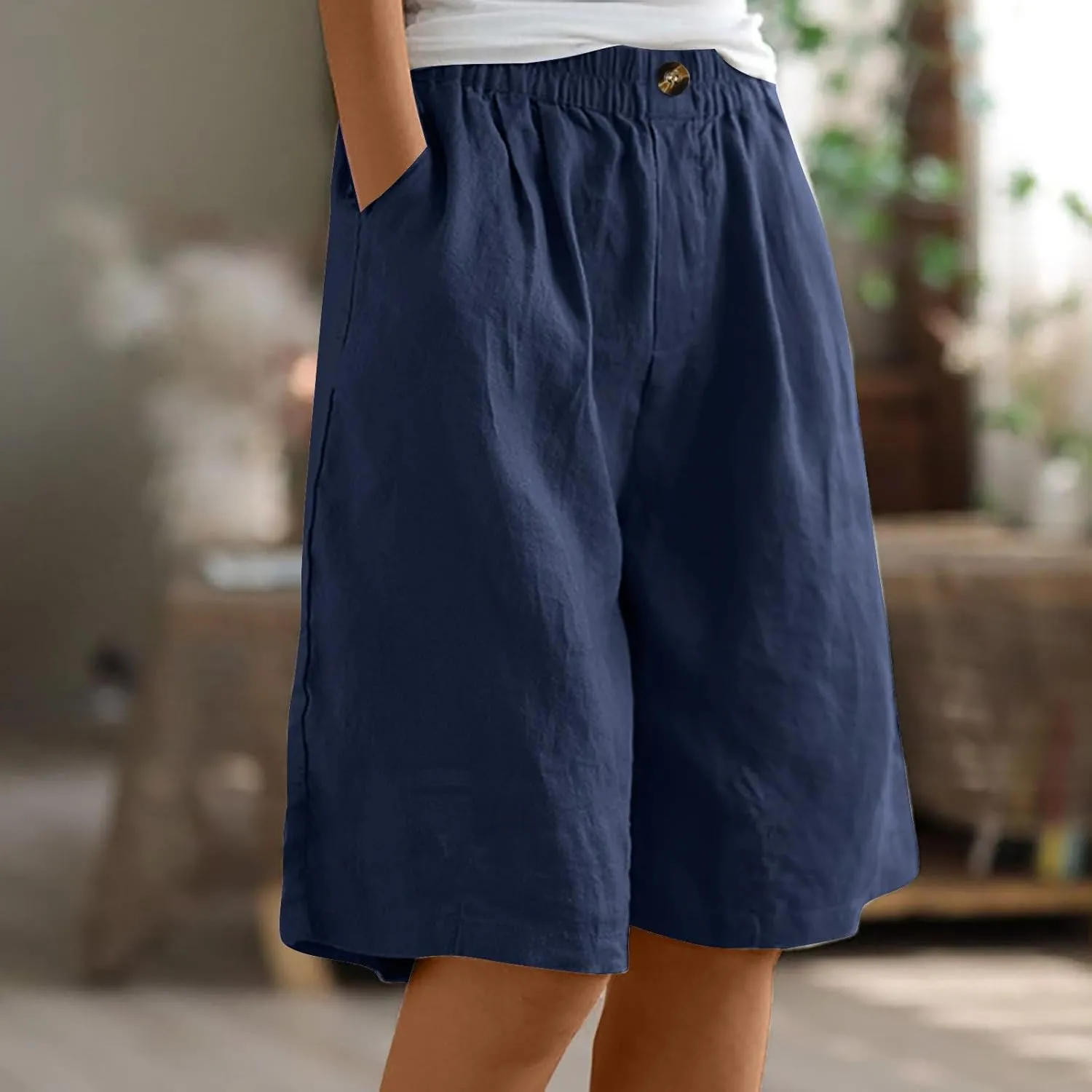 Linen Shorts for Women Wide Leg Knee Length Summer Casual Long Shorts High Waisted Bermuda Shorts with Pocket