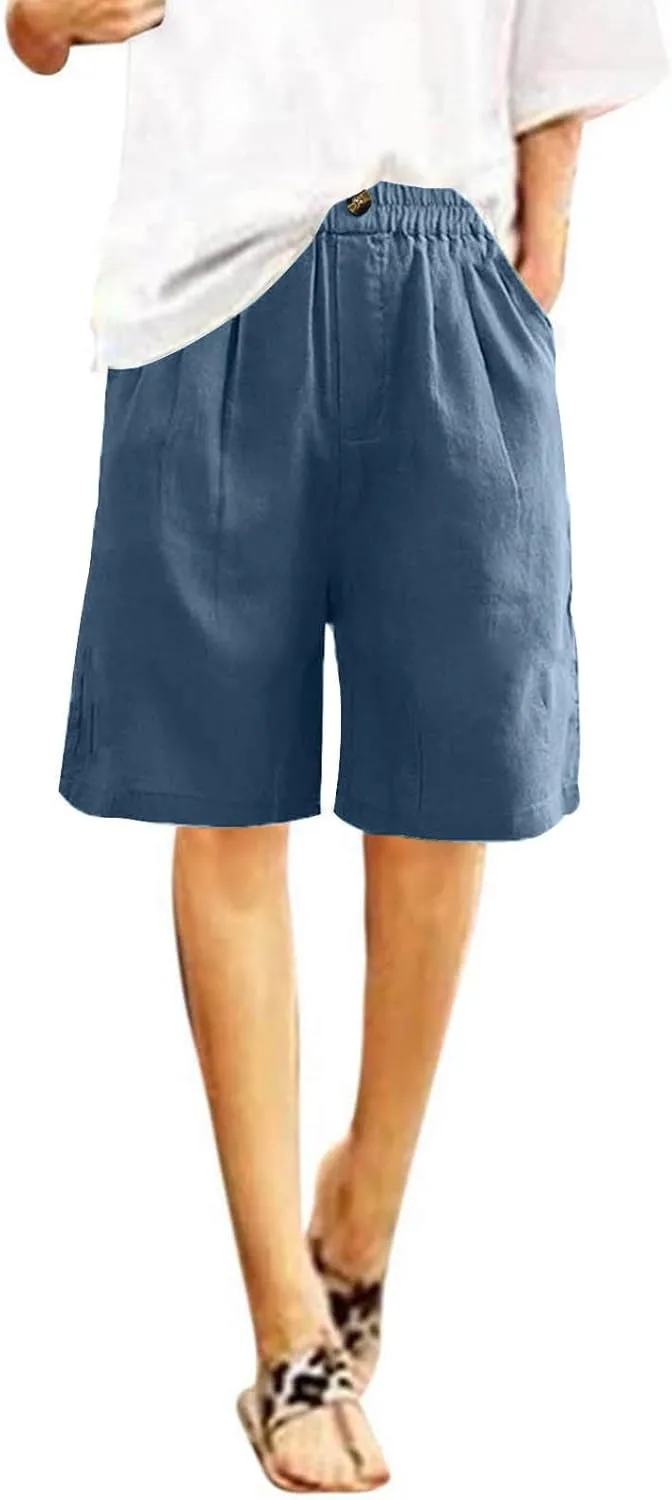 Linen Shorts for Women Wide Leg Knee Length Summer Casual Long Shorts High Waisted Bermuda Shorts with Pocket