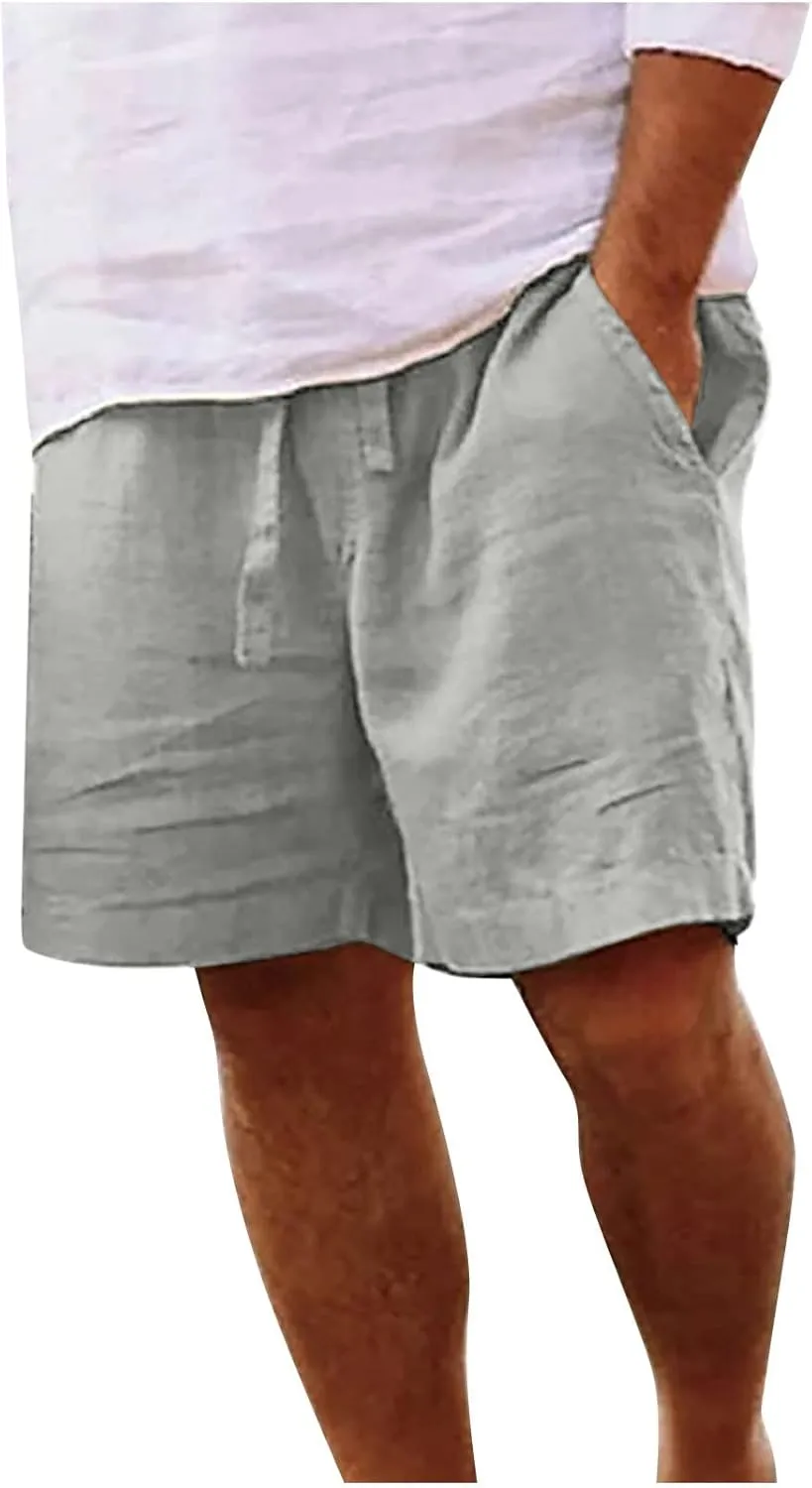 Linen Shorts Men Summer Beach Lounge Shorts 9" Lightweight Cotton Linen Casual Sleep Shorts with Elastic Waistband