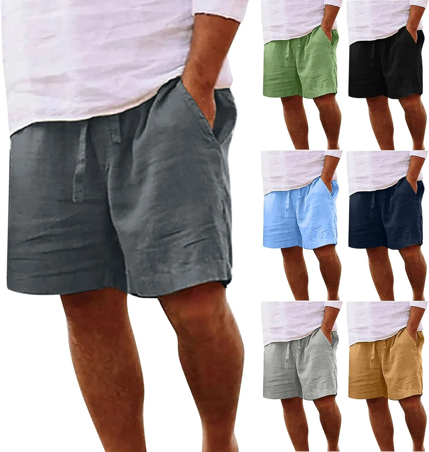 Linen Shorts Men Summer Beach Lounge Shorts 9" Lightweight Cotton Linen Casual Sleep Shorts with Elastic Waistband