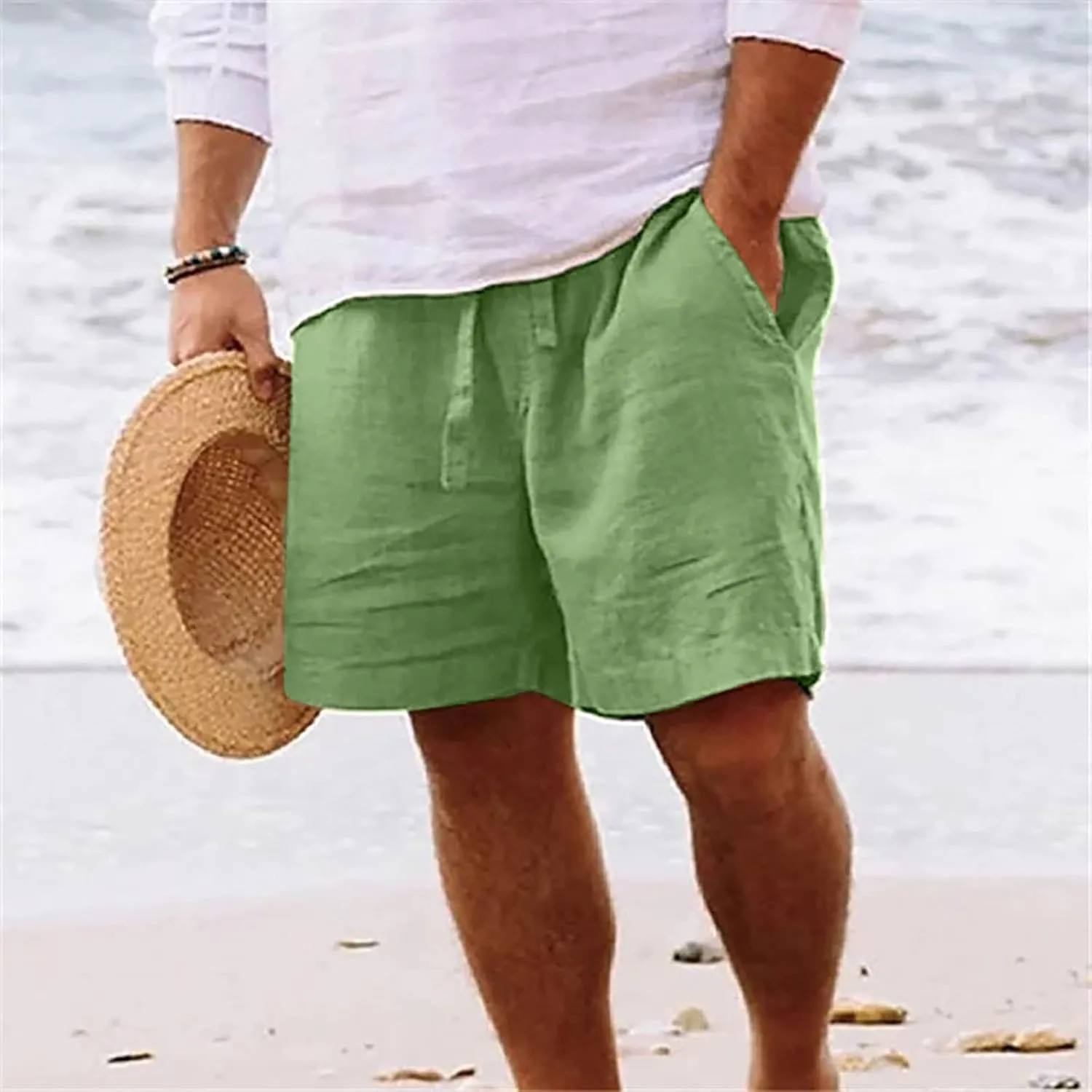 Linen Shorts Men Summer Beach Lounge Shorts 9" Lightweight Cotton Linen Casual Sleep Shorts with Elastic Waistband