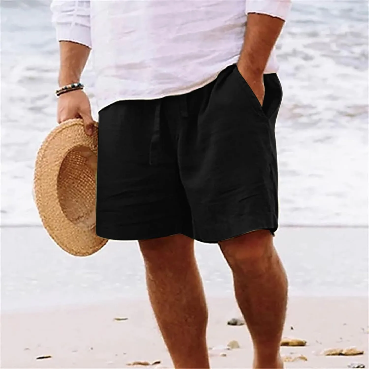 Linen Shorts Men Summer Beach Lounge Shorts 9" Lightweight Cotton Linen Casual Sleep Shorts with Elastic Waistband