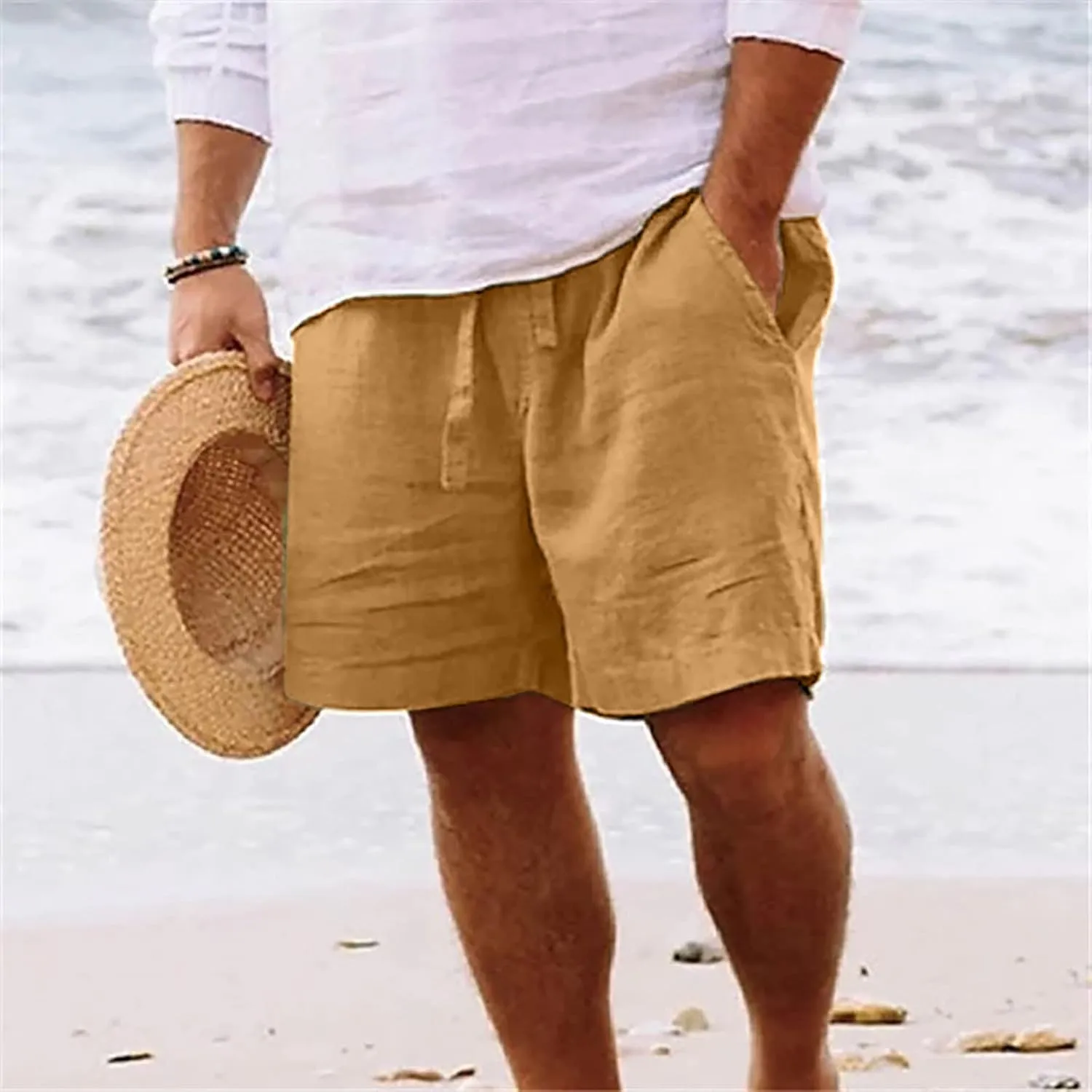 Linen Shorts Men Summer Beach Lounge Shorts 9" Lightweight Cotton Linen Casual Sleep Shorts with Elastic Waistband