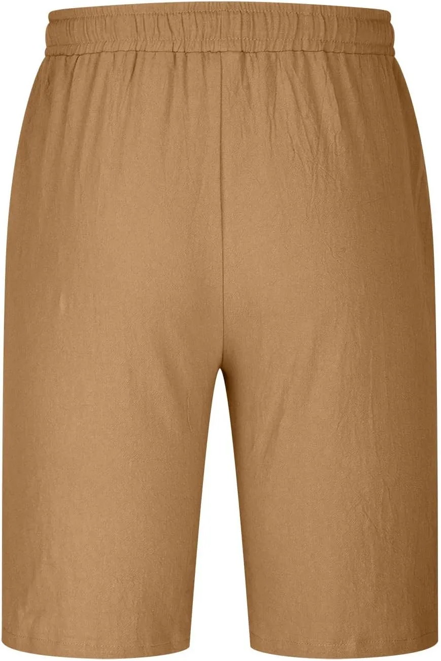 Linen Shorts Men Summer Beach Lounge Shorts 9" Lightweight Cotton Linen Casual Sleep Shorts with Elastic Waistband