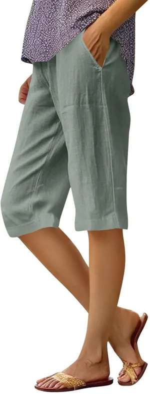 Lmdudan Linen Shorts for Women Knee Length Wide Leg Bermuda Shorts 2025 Trendy Lightweight Casual Shorts Plus Size Capris
