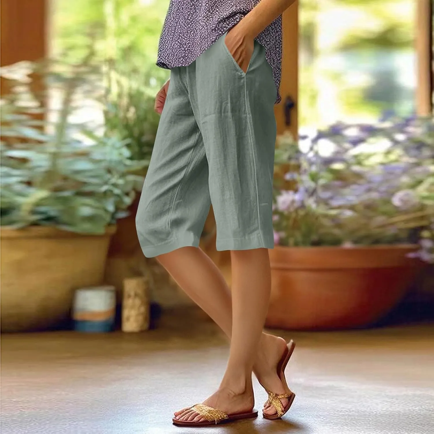 Lmdudan Linen Shorts for Women Knee Length Wide Leg Bermuda Shorts 2025 Trendy Lightweight Casual Shorts Plus Size Capris