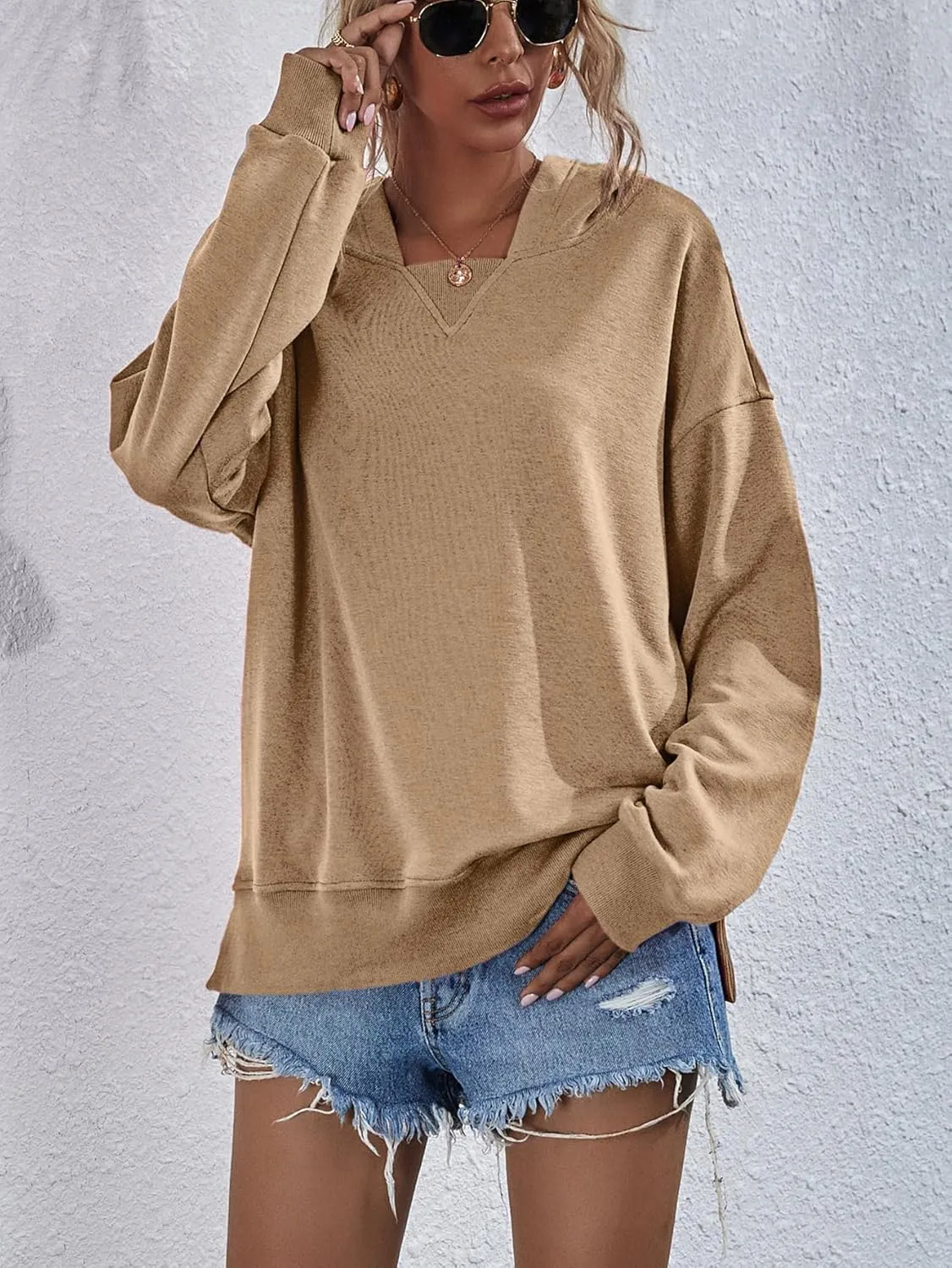 LOFAAC Women Oversized Fleece Slouchy Hoodies Sweatshirts Y2K Casual Long Sleeve Drop Shoulder Fall Pullover Sweater Top