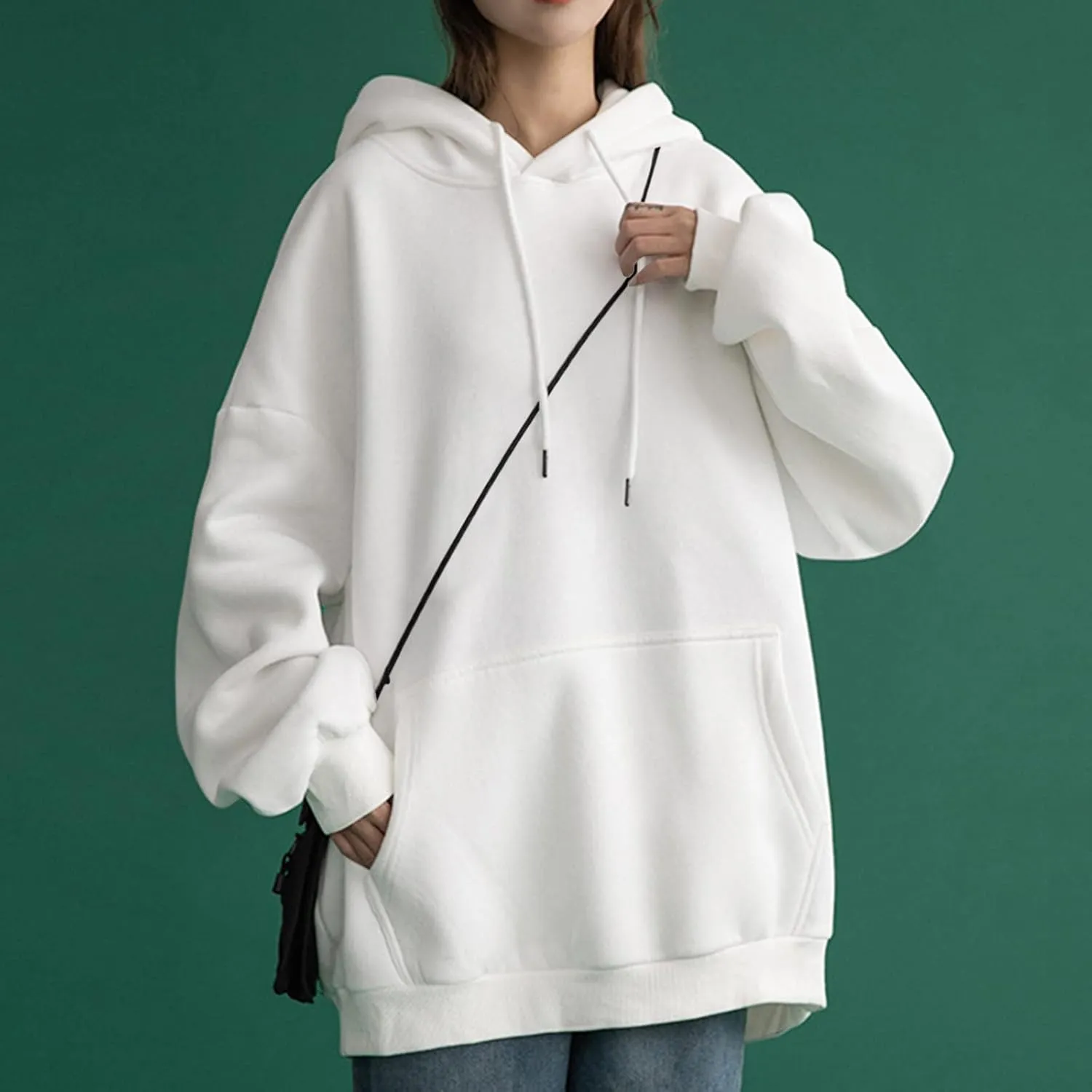 Long Sleeve Simple Hoodies for Women Slouchy Fit Casual Hooded Sweatshirt Fall Comfy Drawstring Tops with Pockets