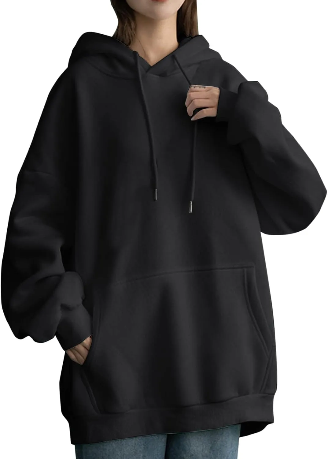 Long Sleeve Simple Hoodies for Women Slouchy Fit Casual Hooded Sweatshirt Fall Comfy Drawstring Tops with Pockets