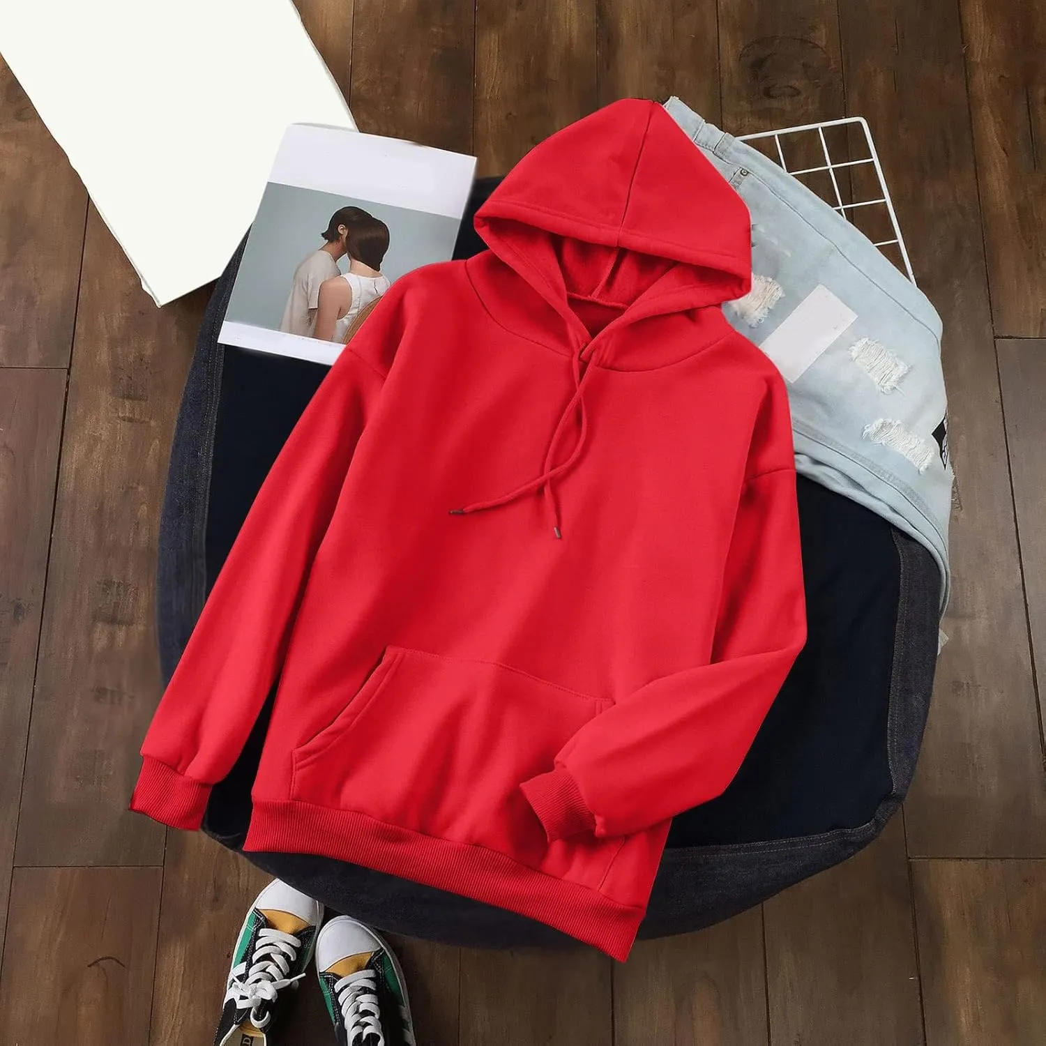 Long Sleeve Simple Hoodies for Women Slouchy Fit Casual Hooded Sweatshirt Fall Comfy Drawstring Tops with Pockets