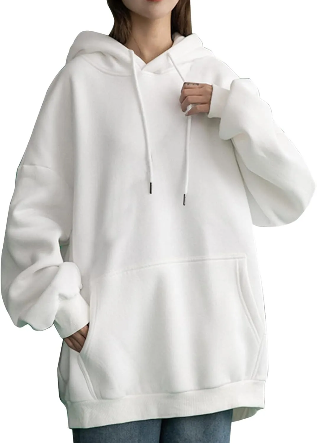 Long Sleeve Simple Hoodies for Women Slouchy Fit Casual Hooded Sweatshirt Fall Comfy Drawstring Tops with Pockets