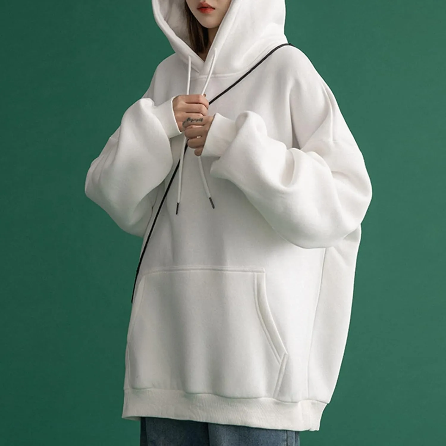 Long Sleeve Simple Hoodies for Women Slouchy Fit Casual Hooded Sweatshirt Fall Comfy Drawstring Tops with Pockets