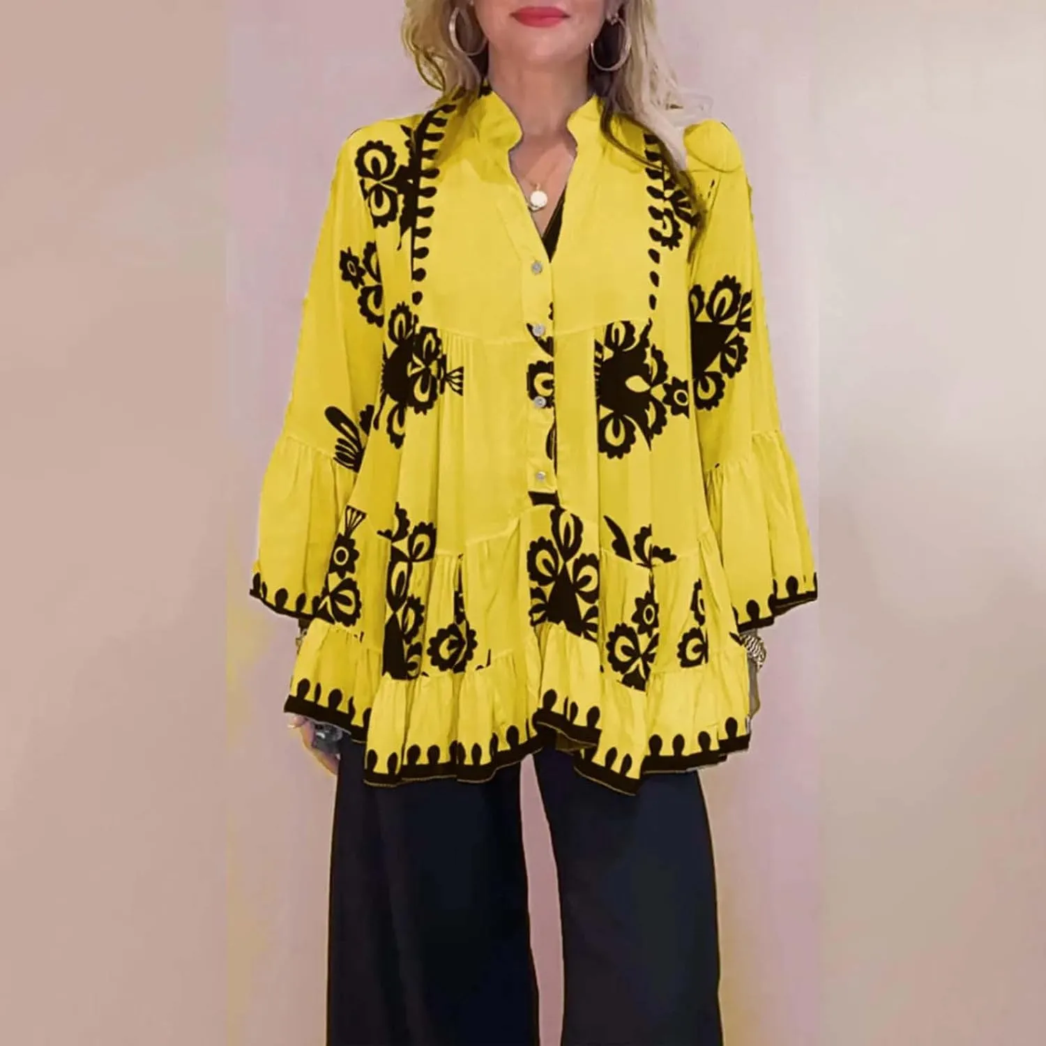Loose Boho Shirts for Women Fall Stand Collar 3/4 Sleeve Pleated Flowy Button Down Blouse Dressy Vacation Party Tops