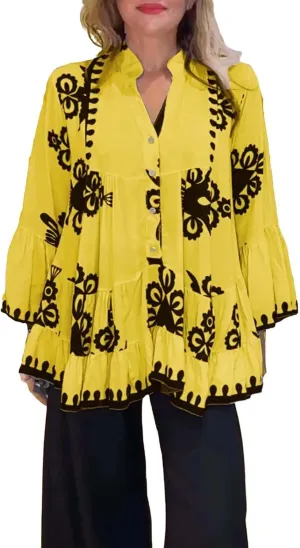 Loose Boho Shirts for Women Fall Stand Collar 3/4 Sleeve Pleated Flowy Button Down Blouse Dressy Vacation Party Tops