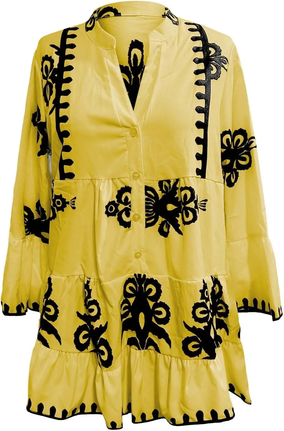 Loose Boho Shirts for Women Fall Stand Collar 3/4 Sleeve Pleated Flowy Button Down Blouse Dressy Vacation Party Tops