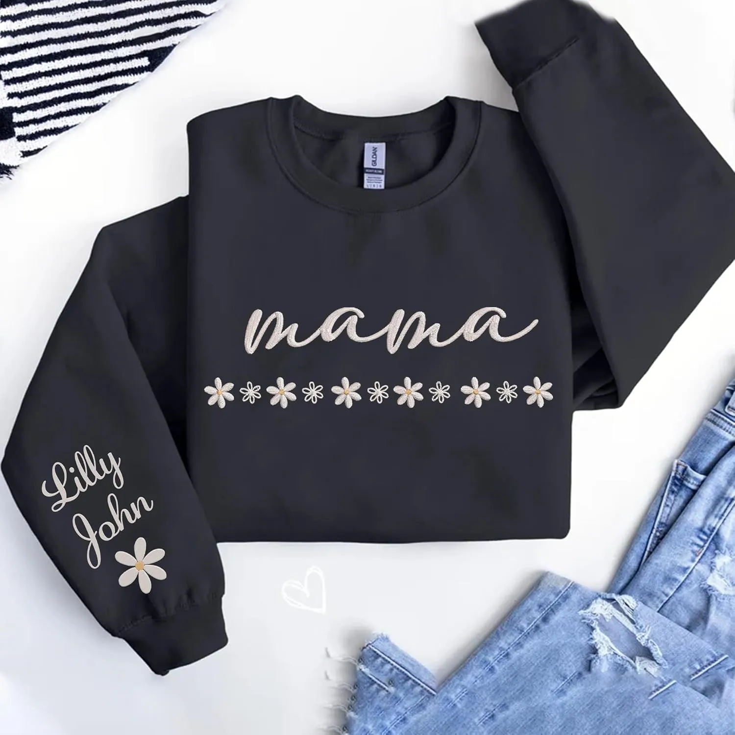 LOVELYPOD Custom Mama Daisy Embroidered Sweatshirt with Kids Name on Sleeve, Pullover Hoodies for Women, Gifts For Mom