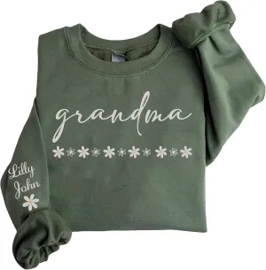 LOVELYPOD Custom Mama Daisy Embroidered Sweatshirt with Kids Name on Sleeve, Pullover Hoodies for Women, Gifts For Mom