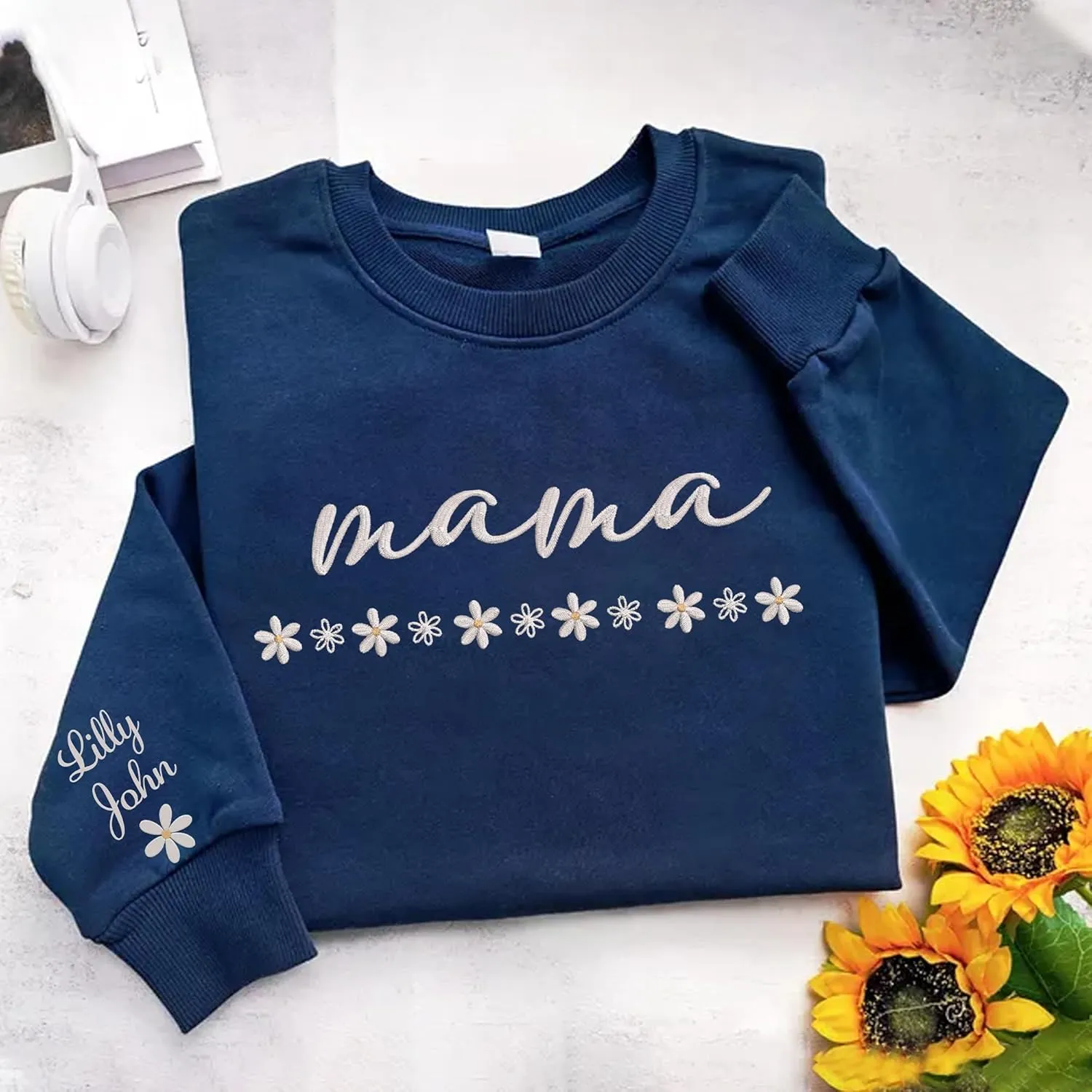 LOVELYPOD Custom Mama Daisy Embroidered Sweatshirt with Kids Name on Sleeve, Pullover Hoodies for Women, Gifts For Mom