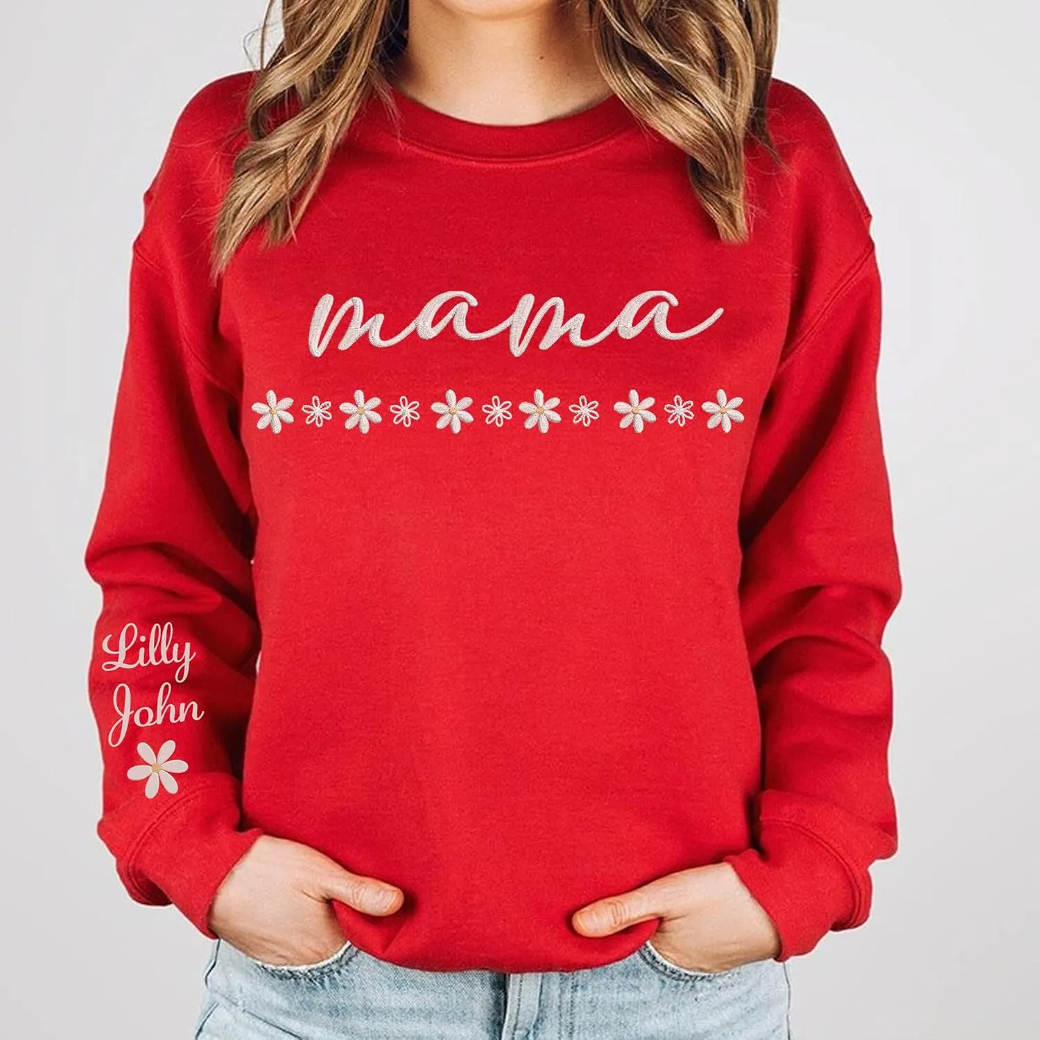 LOVELYPOD Custom Mama Daisy Embroidered Sweatshirt with Kids Name on Sleeve, Pullover Hoodies for Women, Gifts For Mom