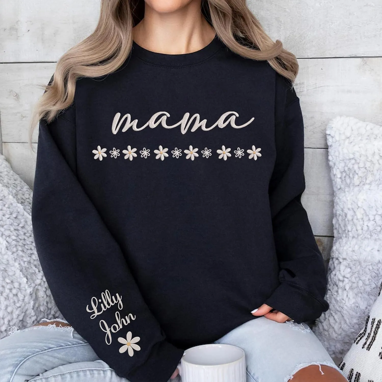 LOVELYPOD Custom Mama Daisy Embroidered Sweatshirt with Kids Name on Sleeve, Pullover Hoodies for Women, Gifts For Mom