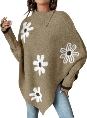 MakeMeChic Women's Poncho Sweater Turtleneck Knit Floral Asymmetrical Fall Sweaters Pullover
