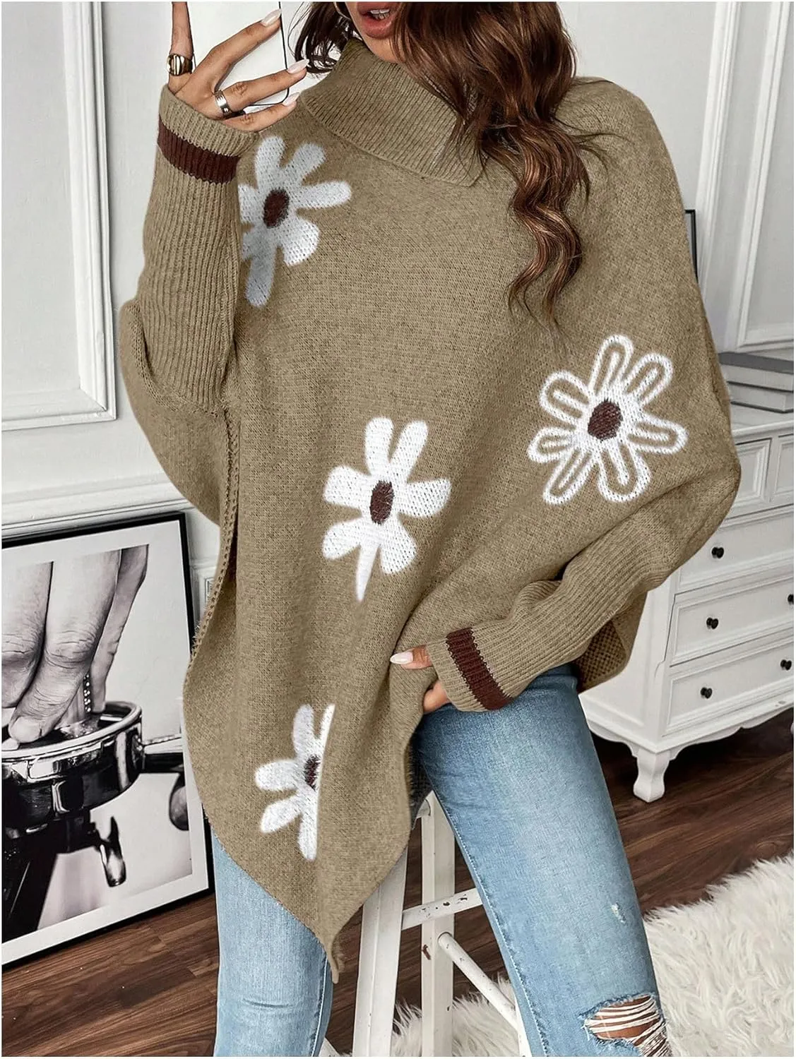 MakeMeChic Women's Poncho Sweater Turtleneck Knit Floral Asymmetrical Fall Sweaters Pullover
