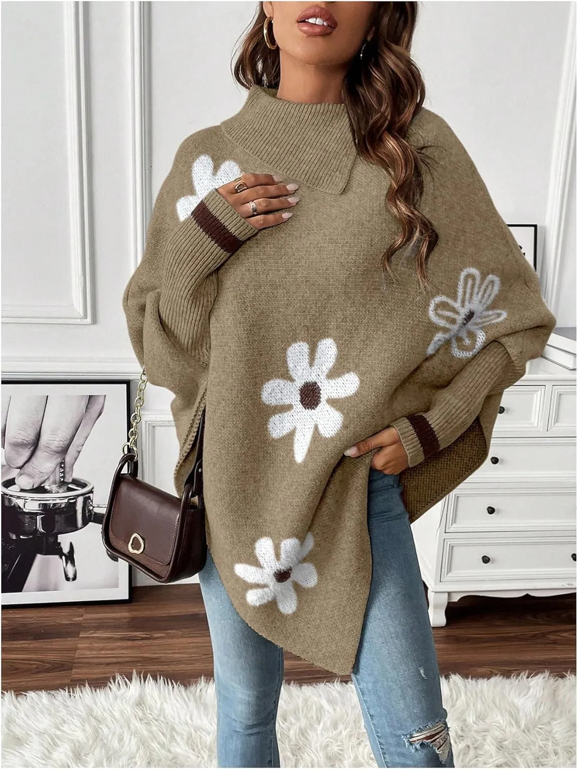 MakeMeChic Women's Poncho Sweater Turtleneck Knit Floral Asymmetrical Fall Sweaters Pullover