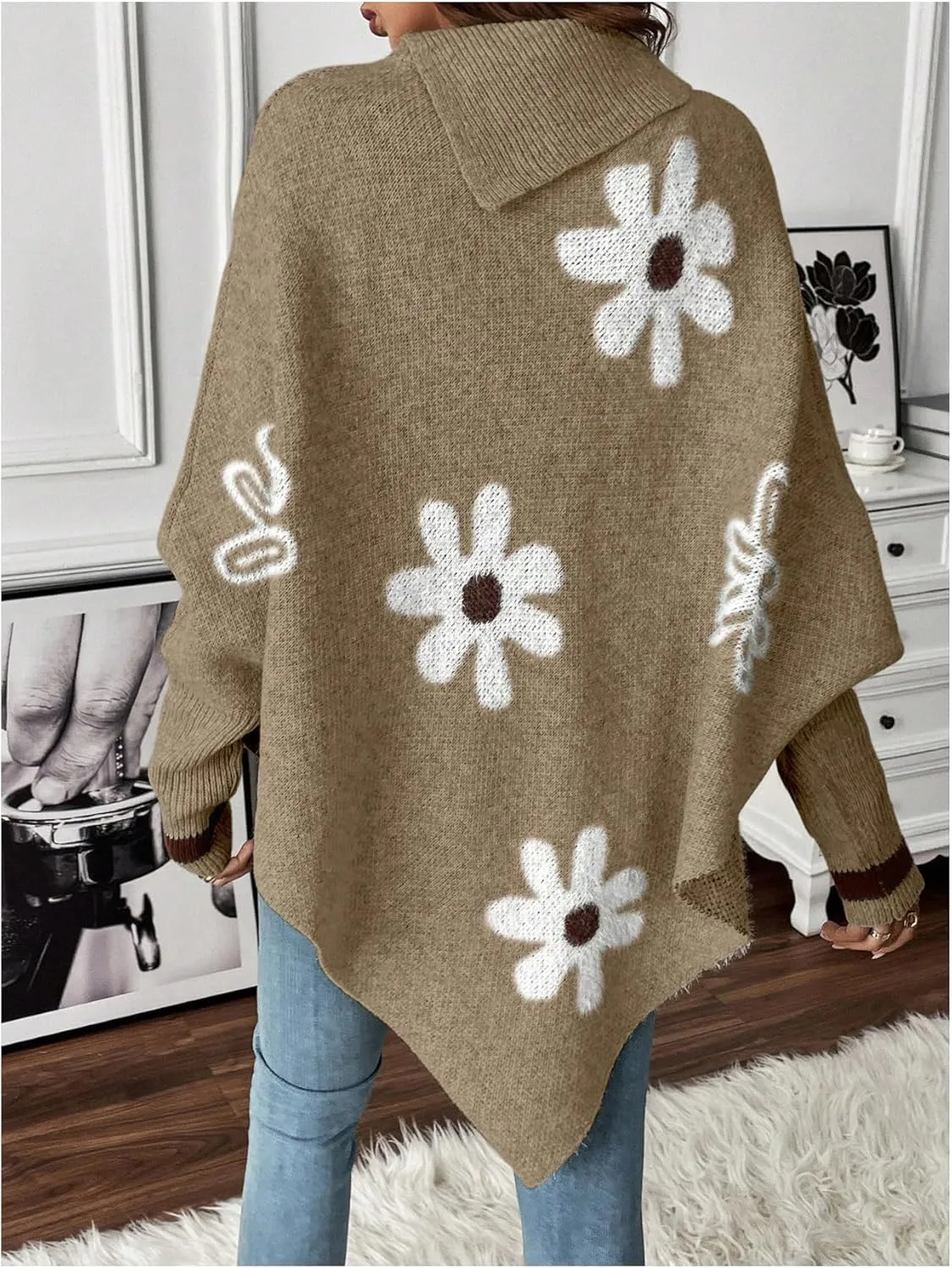 MakeMeChic Women's Poncho Sweater Turtleneck Knit Floral Asymmetrical Fall Sweaters Pullover
