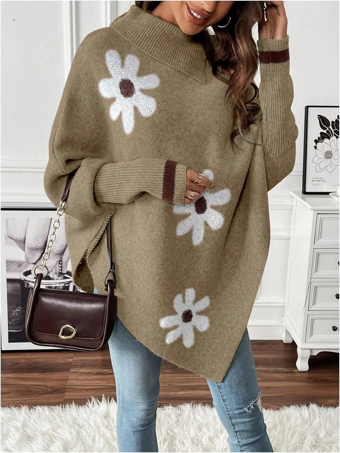 MakeMeChic Women's Poncho Sweater Turtleneck Knit Floral Asymmetrical Fall Sweaters Pullover