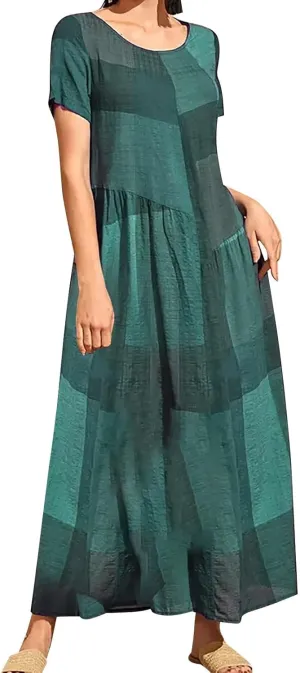 Maxi Dresses for Women 2025 Short Sleeve Crewneck Long Dress Ruffle Flowy Swing Dress Loose Waist Casual Summer Maxi