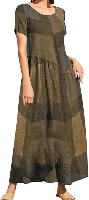 Maxi Dresses for Women 2025 Short Sleeve Crewneck Long Dress Ruffle Flowy Swing Dress Loose Waist Casual Summer Maxi