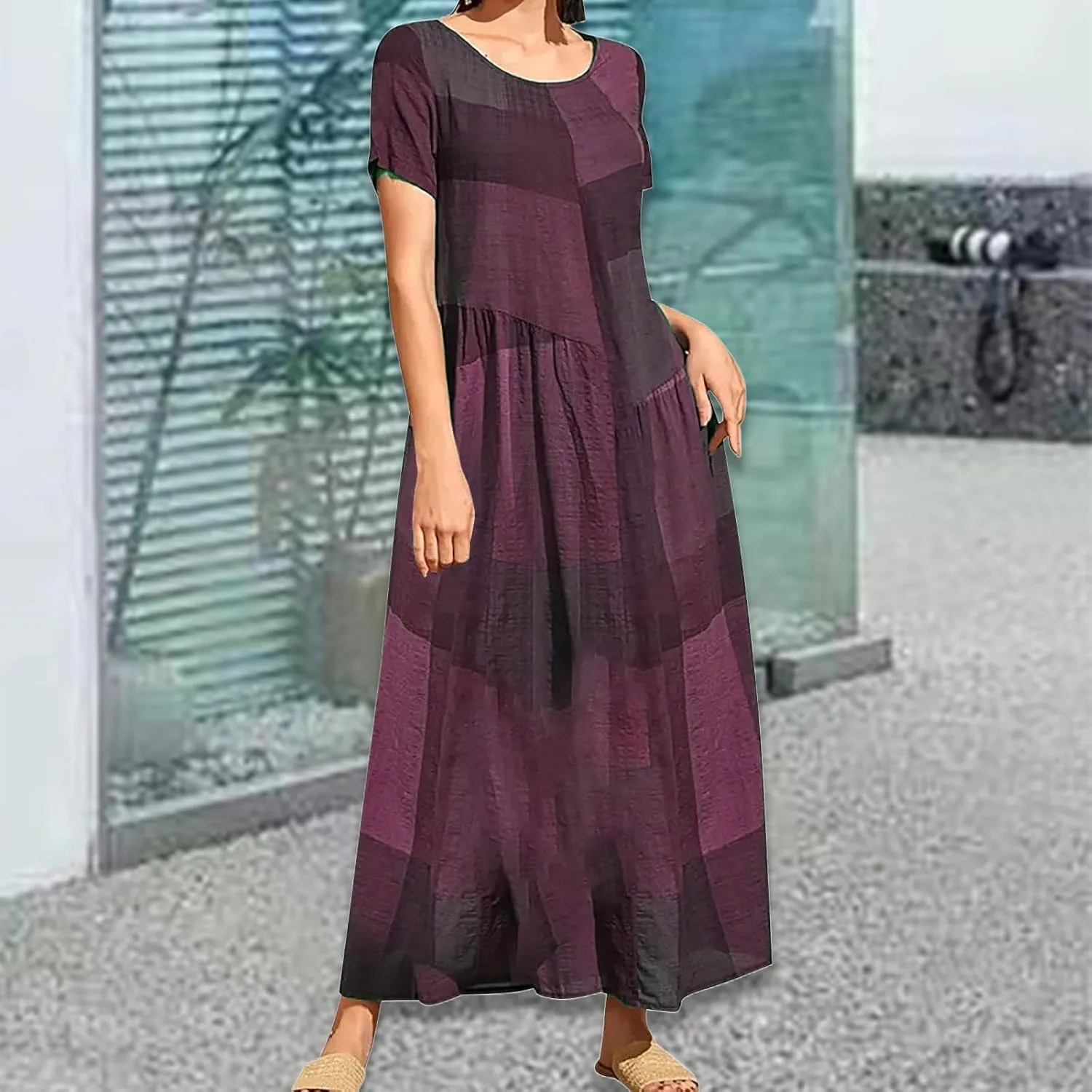 Maxi Dresses for Women 2025 Short Sleeve Crewneck Long Dress Ruffle Flowy Swing Dress Loose Waist Casual Summer Maxi
