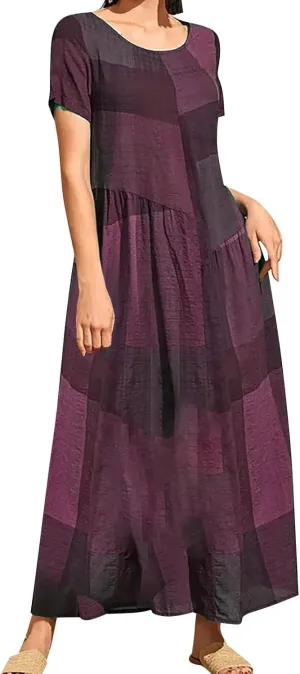 Maxi Dresses for Women 2025 Short Sleeve Crewneck Long Dress Ruffle Flowy Swing Dress Loose Waist Casual Summer Maxi