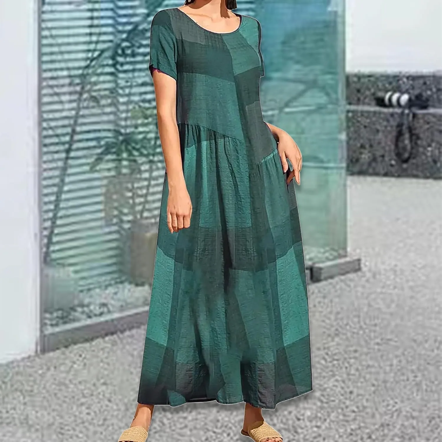Maxi Dresses for Women 2025 Short Sleeve Crewneck Long Dress Ruffle Flowy Swing Dress Loose Waist Casual Summer Maxi