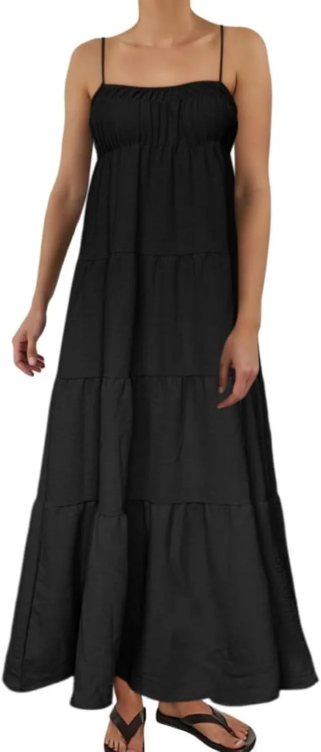 Maxi Dresses for Women 2025 Summer Spaghetti Strap Ruffle Tired Backless Sleeveless Midi Dress Beach Sundress