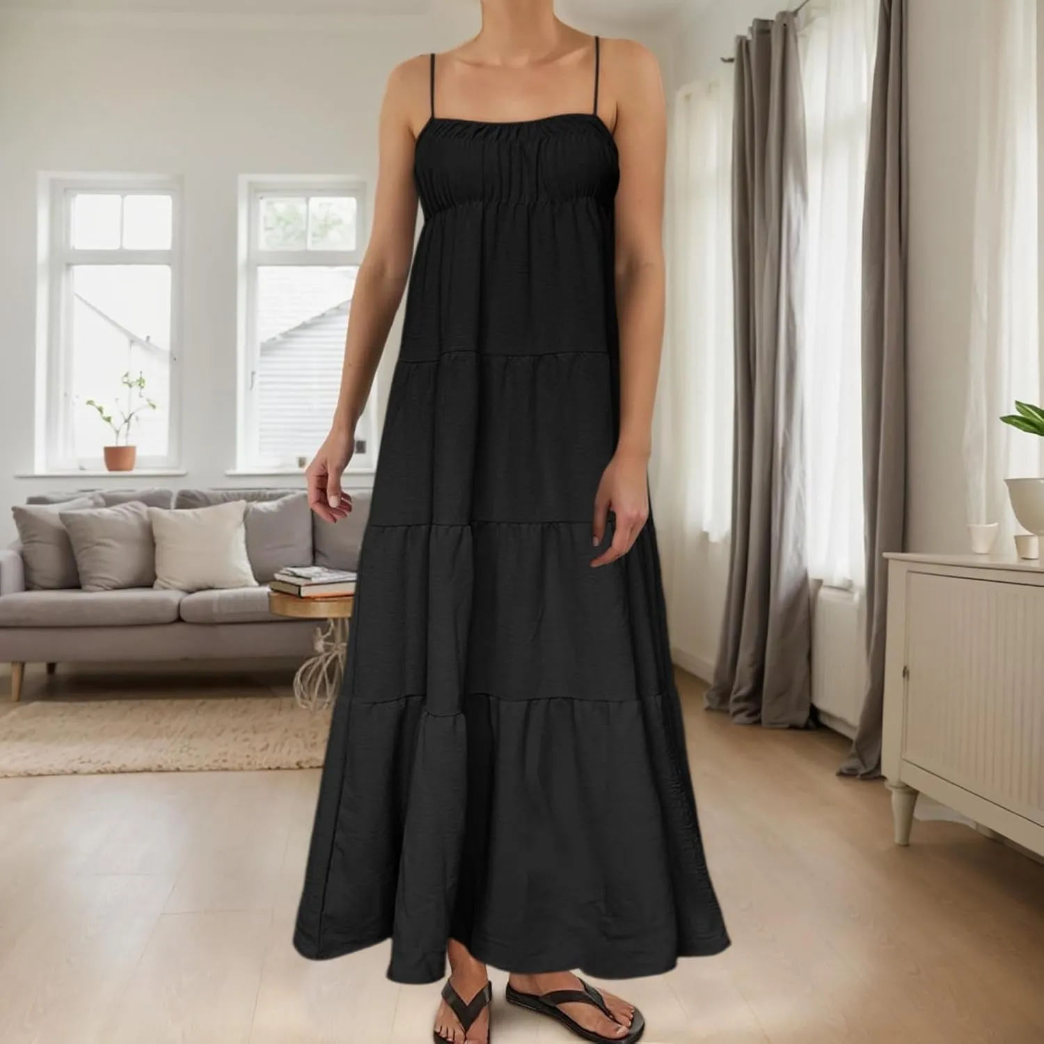 Maxi Dresses for Women 2025 Summer Spaghetti Strap Ruffle Tired Backless Sleeveless Midi Dress Beach Sundress