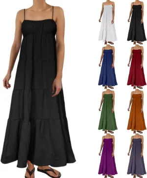 Maxi Dresses for Women 2025 Summer Spaghetti Strap Ruffle Tired Backless Sleeveless Midi Dress Beach Sundress