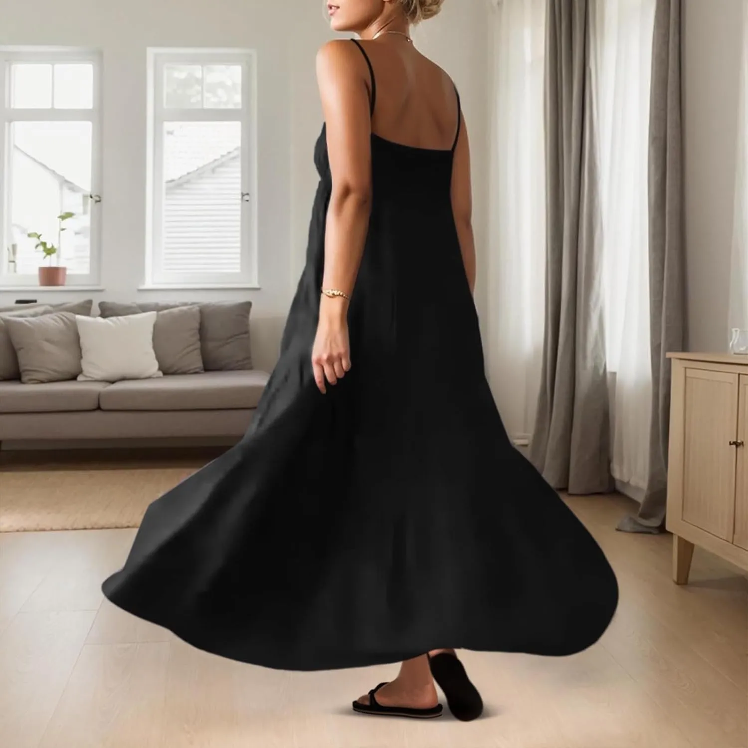 Maxi Dresses for Women 2025 Summer Spaghetti Strap Ruffle Tired Backless Sleeveless Midi Dress Beach Sundress