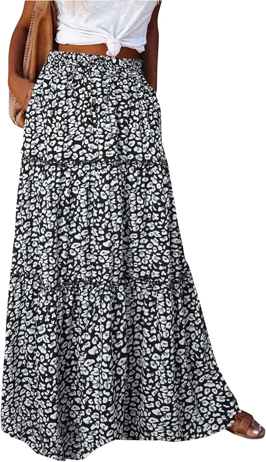 Maxi Skirt for Women 2025 Casual Summer Tiered High Waisted Skirts Pleated Aline Skirt Dressy Long Skirts with Pockets